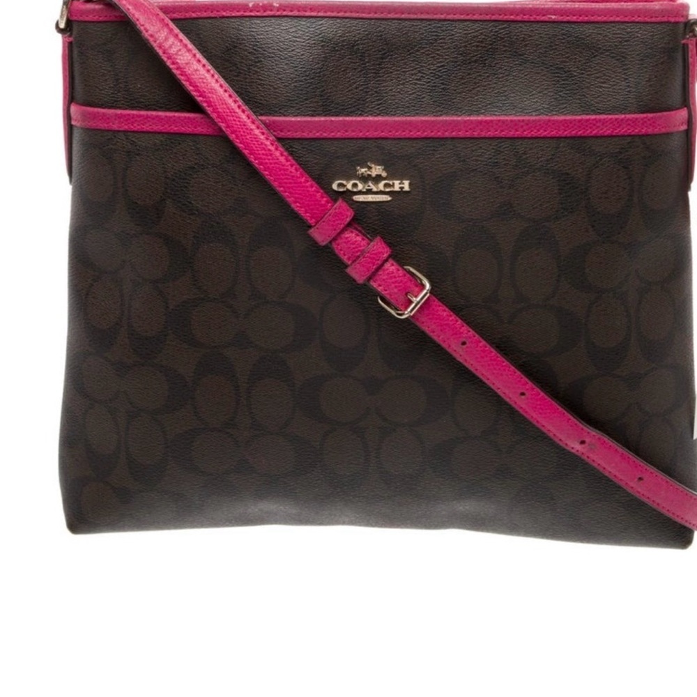 Coach Brown & Fuchsia Signature Canvas and Leather Swingpack File Crossbody Bag